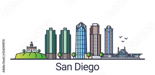Banner of San Diego city in flat line trendy style. San Diego city line art. All buildings separated and customizable.