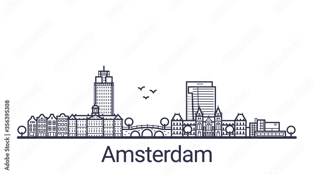 Linear banner of Amsterdam city. All Amsterdam buildings - customizable objects with opacity mask, so you can simple change composition and background fill. Line art.