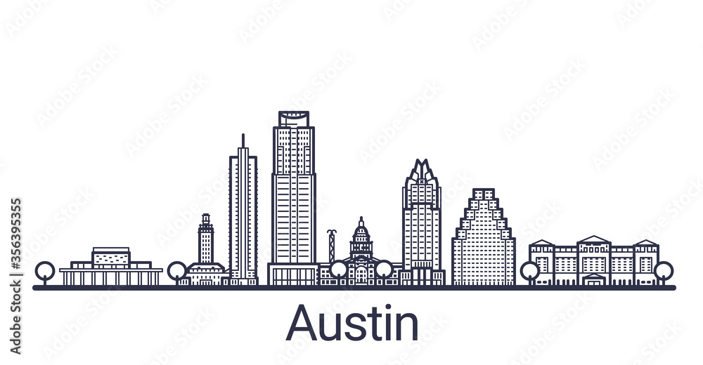 Linear banner of Austin city. All buildings - customizable different objects with clipping mask, so you can change background and composition. Line art.