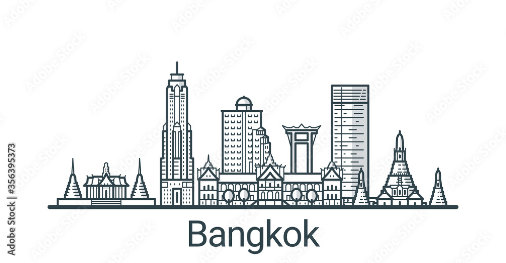 Fototapeta premium Liniowy sztandar miasta Bangkok. Wszystkie budynki - konfigurowalne różne obiekty z wypełnieniem w tle, dzięki czemu można zmienić kompozycję projektu. Grafika liniowa.