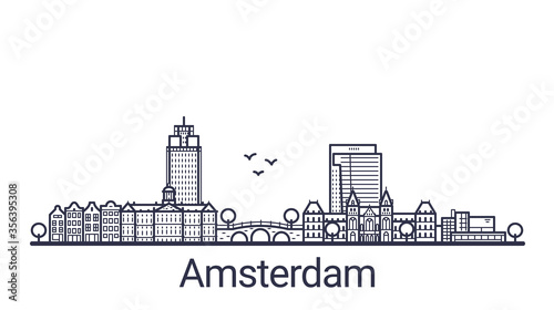 Linear banner of Amsterdam city. All Amsterdam buildings - customizable objects with opacity mask, so you can simple change composition and background fill. Line art.