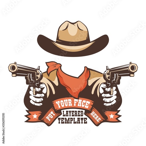 Western cowboy face template. Wild west Gunfighter for any head kit. Vector illustration.