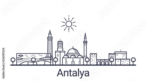 Linear banner of Antalya city. All Antalya buildings - customizable objects with opacity mask, so you can simple change composition and background fill. Line art.