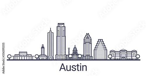 Linear banner of Austin city. All buildings - customizable different objects with clipping mask  so you can change background and composition. Line art.