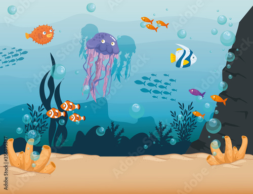 jellyfish with fishes wild marine animals in ocean, sea world dwellers, cute underwater creatures,habitat marine concept vector illustration design