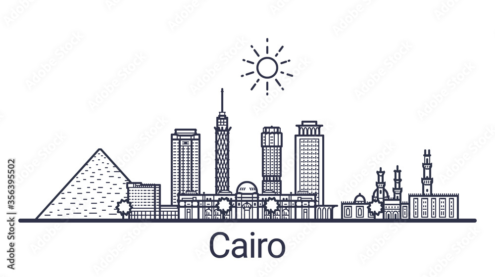 Skyline of Cairo city in linear style. Cairo cityscape line art. All buildings separated with clipping masks. So you can change composition and background.