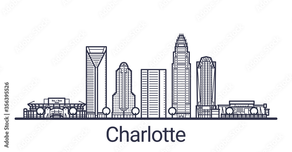 Linear banner of Charlotte city. All buildings - customizable different objects with clipping mask, so you can change background and composition. Line art.
