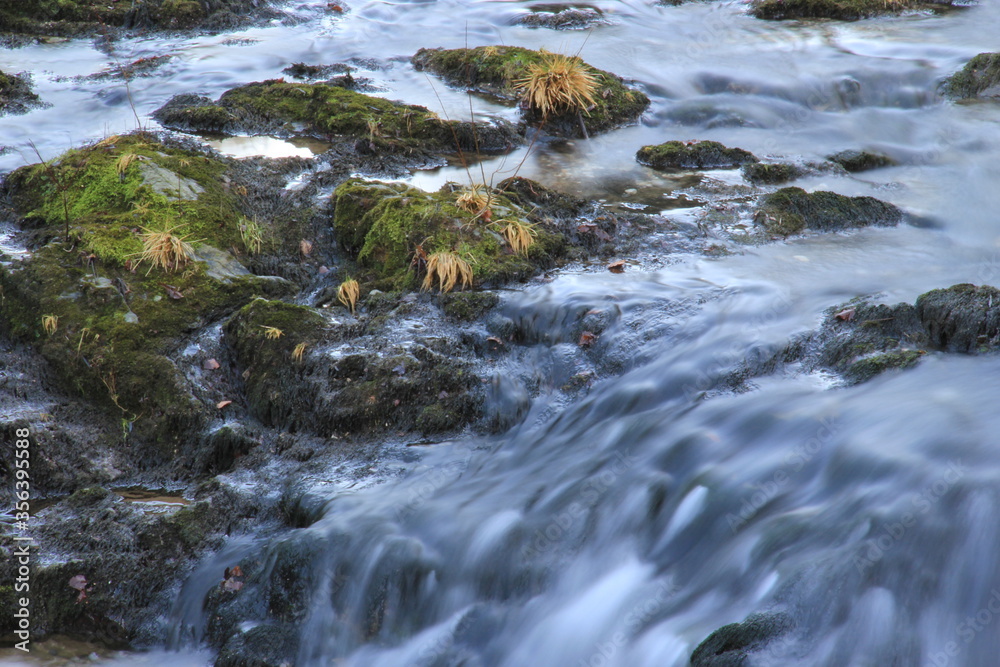 Close up of river and small rapids, wild water, dangerous nature.