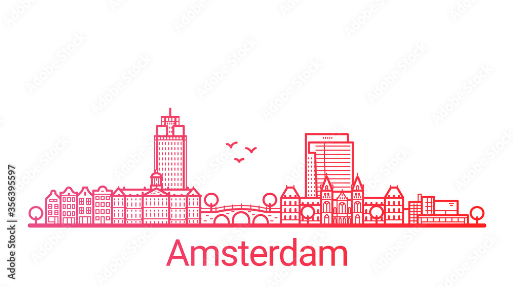 Amsterdam city colored gradient line. All Amsterdam buildings - customizable objects with opacity mask, so you can simple change composition and background fill. Line art.