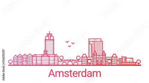 Amsterdam city colored gradient line. All Amsterdam buildings - customizable objects with opacity mask, so you can simple change composition and background fill. Line art.