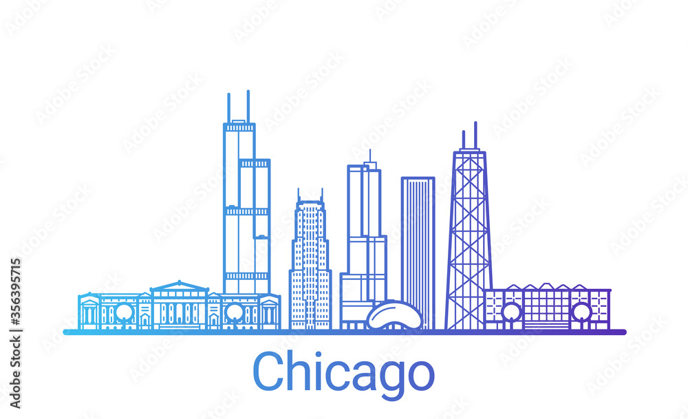Chicago city colored gradient line. All Chicago buildings - customizable objects with opacity mask, so you can simple change composition and background fill. Line art.