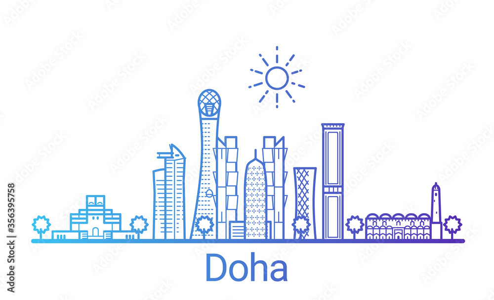 Doha city colored gradient line. All Doha buildings - customizable objects with opacity mask, so you can simple change composition and background fill. Line art. Doha city colored gradient line. All Doha buildings - customizable objects with opacity mask, so you can simple change composition and background fill. Line art.