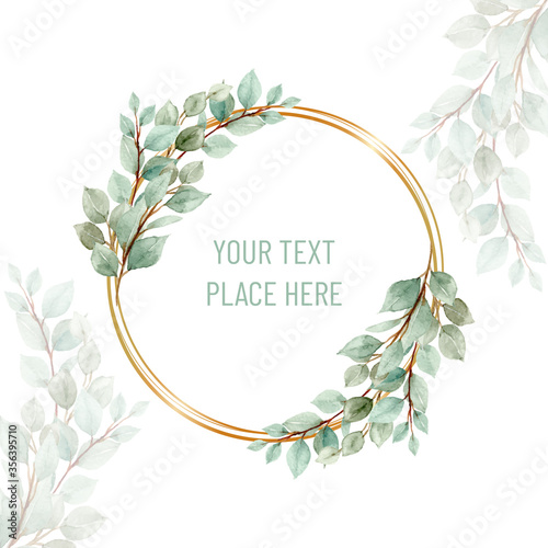 watercolor green leaf circle with golden frame