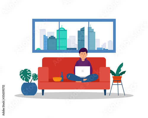 Young male character sitting on sofa and watching TV series on a laptop, Snacks and beer. Leisure. Weekend activities. Chill. Flat editable vector illustration