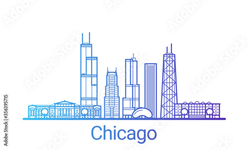 Chicago city colored gradient line. All Chicago buildings - customizable objects with opacity mask, so you can simple change composition and background fill. Line art.
