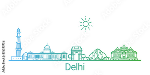 Delhi city colored gradient line. All Delhi buildings - customizable objects with opacity mask, so you can simple change composition and background fill. Line art.