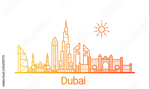 Dubai city colored gradient line. All Dubai buildings - customizable objects with opacity mask, so you can simple change composition and background fill. Line art.