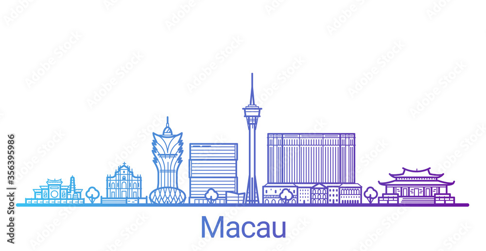 Macau city colored gradient line. All Macau buildings - customizable objects with opacity mask, so you can simple change composition and background fill. Line art.