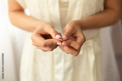 Bride with engagement ring at wedding day. Marrige concept