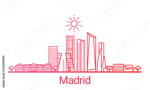 Madrid city colored gradient line. All Madrid buildings - customizable objects with opacity mask, so you can simple change composition and background fill. Line art.