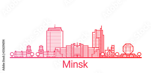 Minsk city colored gradient line. All Minsk buildings - customizable objects with opacity mask, so you can simple change composition and background fill. Line art.