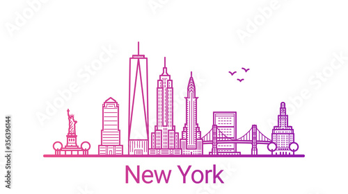 New York city colored gradient line. All New York buildings - customizable objects with opacity mask, so you can simple change composition and background fill. Line art.