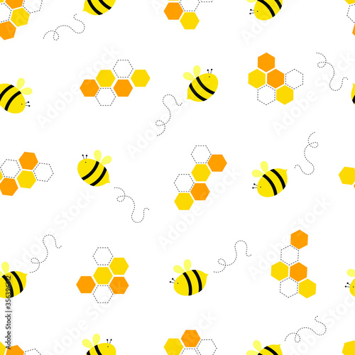 Fototapeta Naklejka Na Ścianę i Meble -  Seamless vector pattern Bee and Honeycomb Background Cute design in cartoon style Used for publication, wallpaper, fabric, textiles, white background illustration