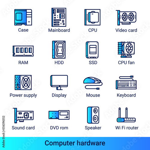 Computer hardware icons in linear style with trendy color gradient. Semi-front isometric line icons of cpu, video card, hdd, ram, mainboard and other computer parts.
