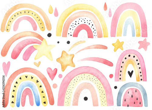 Collection of boho rainbows in pastel blue and brown colors, isolated elements on white background; nursery art design, for printing on baby clothes and textiles, home decor art, vector illustration