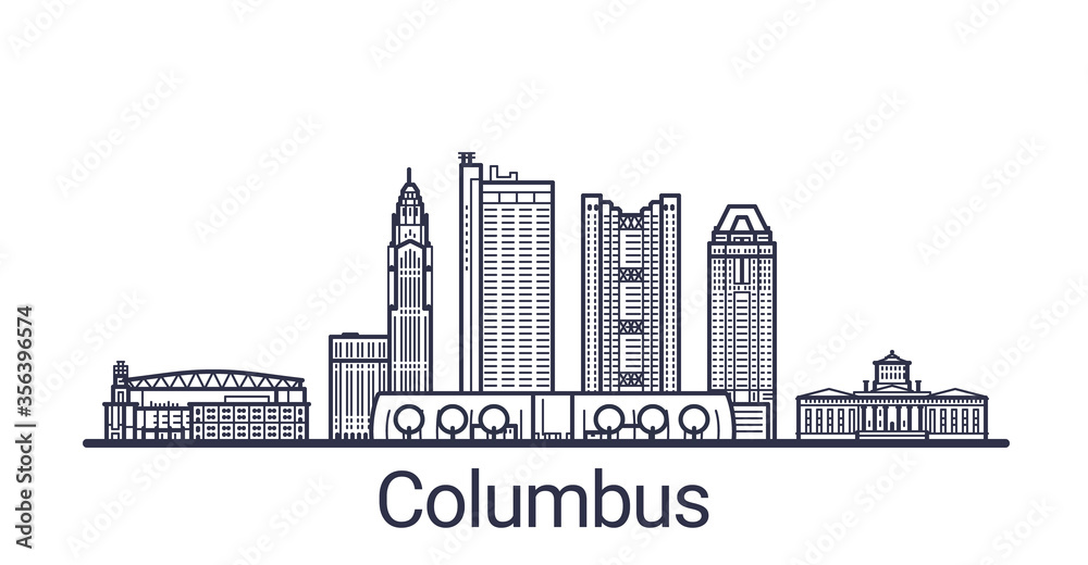 Linear banner of Columbus city. All buildings - customizable different objects with clipping mask, so you can change background and composition. Line art.