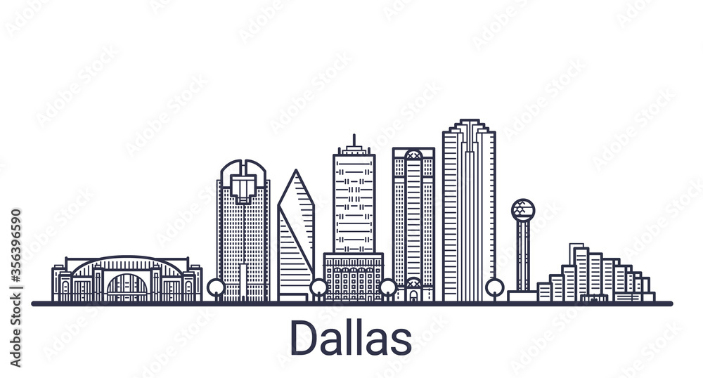 Linear banner of Dallas city. All buildings - customizable different objects with clipping mask, so you can change background and composition. Line art.