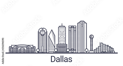 Linear banner of Dallas city. All buildings - customizable different objects with clipping mask, so you can change background and composition. Line art.