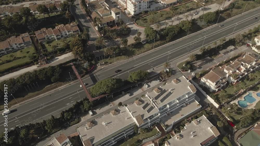Aerial Top View Flying Along National Road in Small Lovely Spanish Town Aerial Top View Flying Along National Road in Small Lovely Spanish Town