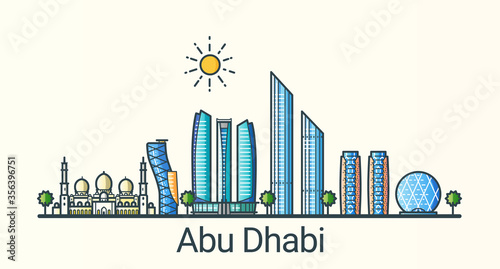 Banner of Abu Dhabi city in flat line trendy style. All buildings separated and customizable. Line art.