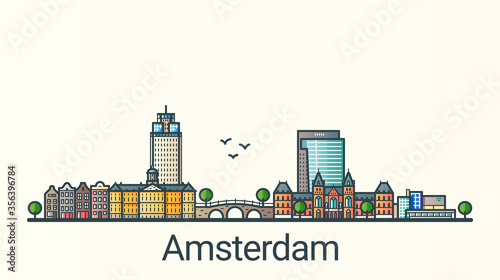 Banner of Amsterdam city in flat line trendy style. Amsterdam city line art. All buildings separated and customizable.