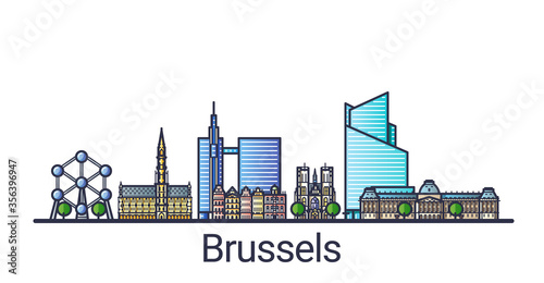Banner of Brussels city in flat line style. Brussels city line art. All linear buildings separated and customizable.