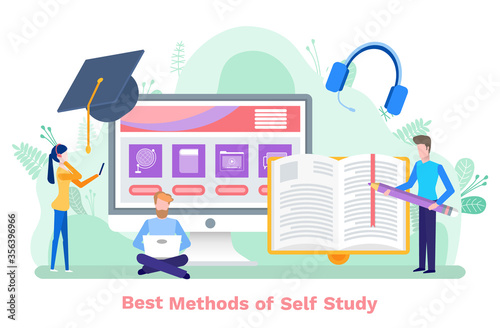 Best method of self study vector, people looking at book pages and screens. Mobile devices for studying. Online courses, laptop with information flat style