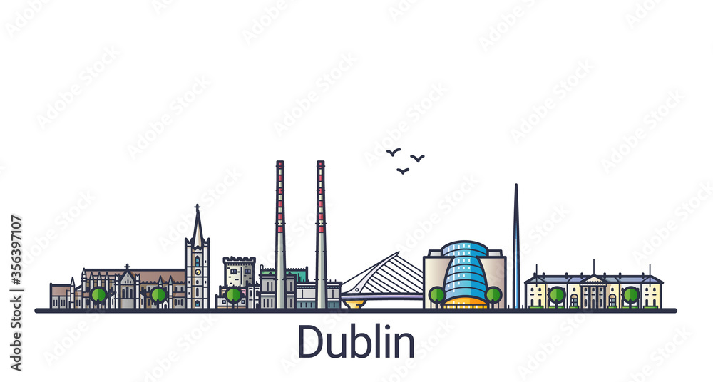 Banner of Dublin city in flat line trendy style. Dublin city line art. All buildings separated and customizable.