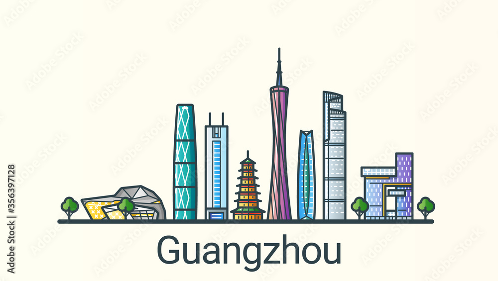 Banner of Guangzhou city in flat line trendy style. All buildings separated and customizable. Line art.