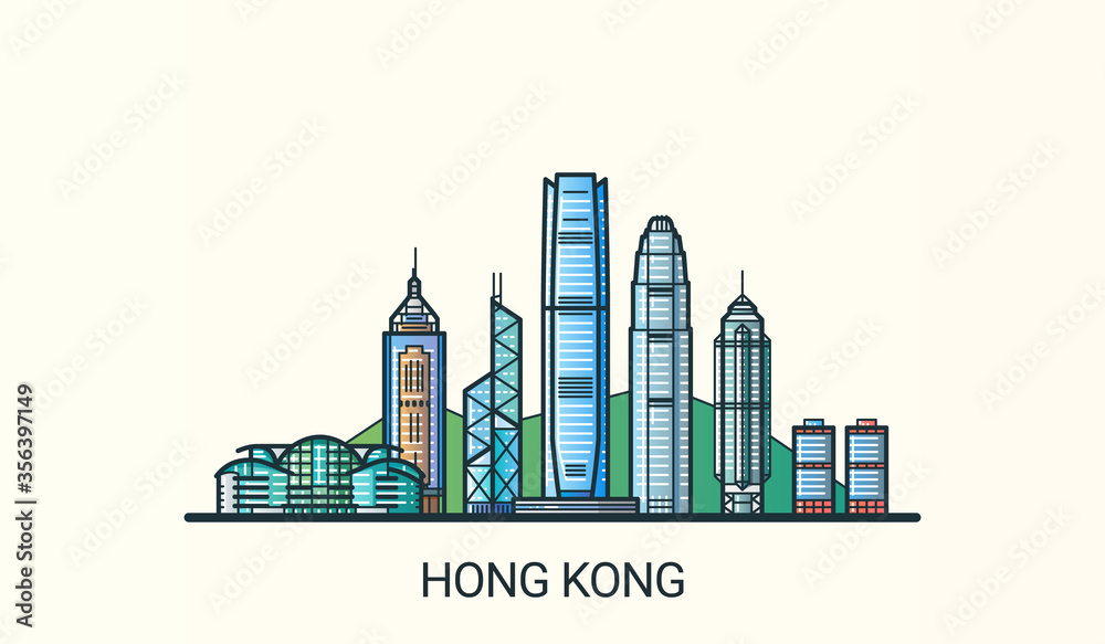 Banner of Hong Kong city in flat line trendy style. All buildings separated and customizible. Line art.