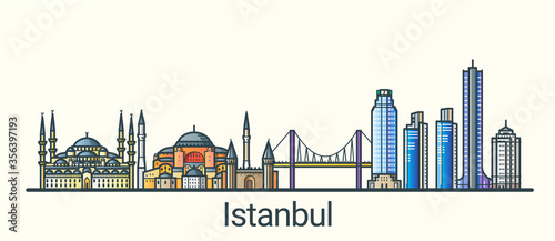 Banner of Istanbul city in flat line trendy style. All buildings separated and customizible. Line art.