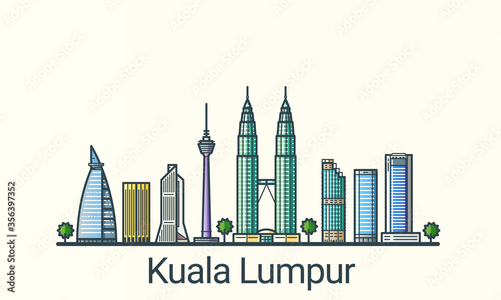 Obraz premium Banner of Kuala Lumpur in flat line trendy style. All buildings separated and customizable. Line art.