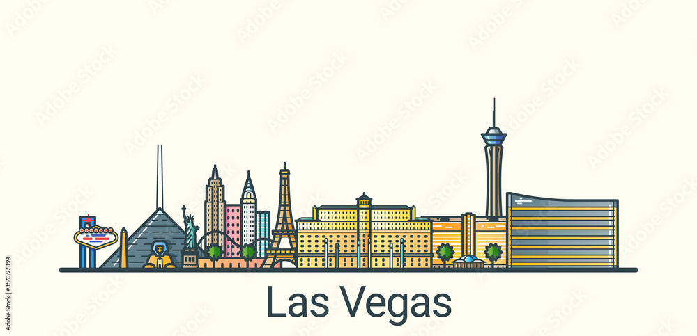 Fototapeta Banner of Las Vegas city in flat line trendy style. All buildings separated and customizible. Line art.