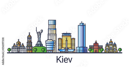 Banner of Kiev city in flat line trendy style. Kiev city line art. All buildings separated and customizable.