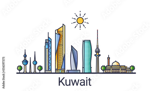 Banner of Kuwait city skyline in flat line trendy style. Kuwait city line art. All buildings separated and customizable.