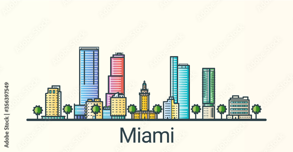 Banner of Miami city in flat line trendy style. All buildings separated and customizible. Line art.