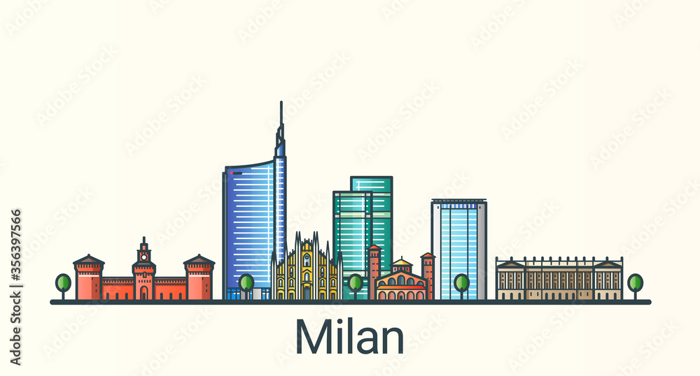 Banner of Milan city in flat line trendy style. All buildings separated and customizable. Line art.