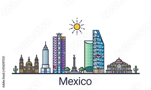 Banner of Mexico city skyline in flat line trendy style. Mexico city line art. All buildings separated and customizable.