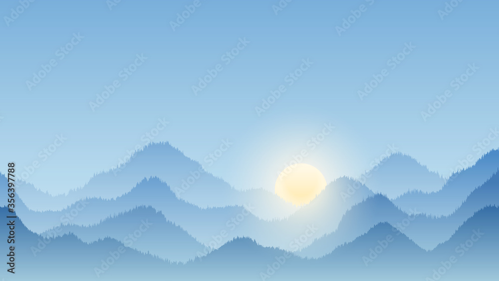 Mountains landscape background. Graphic silhouettes of hill tops covered with fog. Abstract panoramic mountain wallpaper.