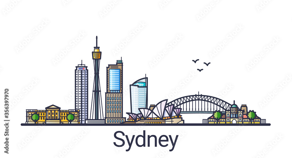 Obraz premium Banner of Sydney city skyline in flat line trendy style. Sydney city line art. All buildings separated and customizable.